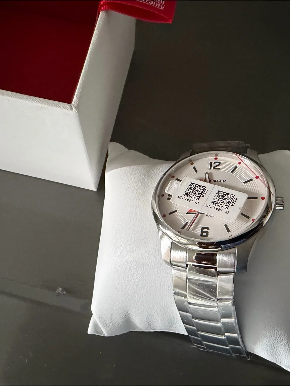 Wenger Men's Silver Watch with White Dial and Red Accents